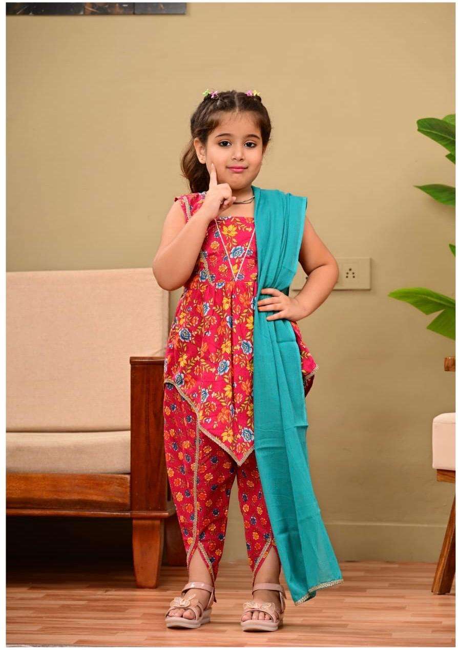 KIDS 09 CHILDREN FESTIVAL WEAR GIRLS COTTON KURTA BOTTOM & D...