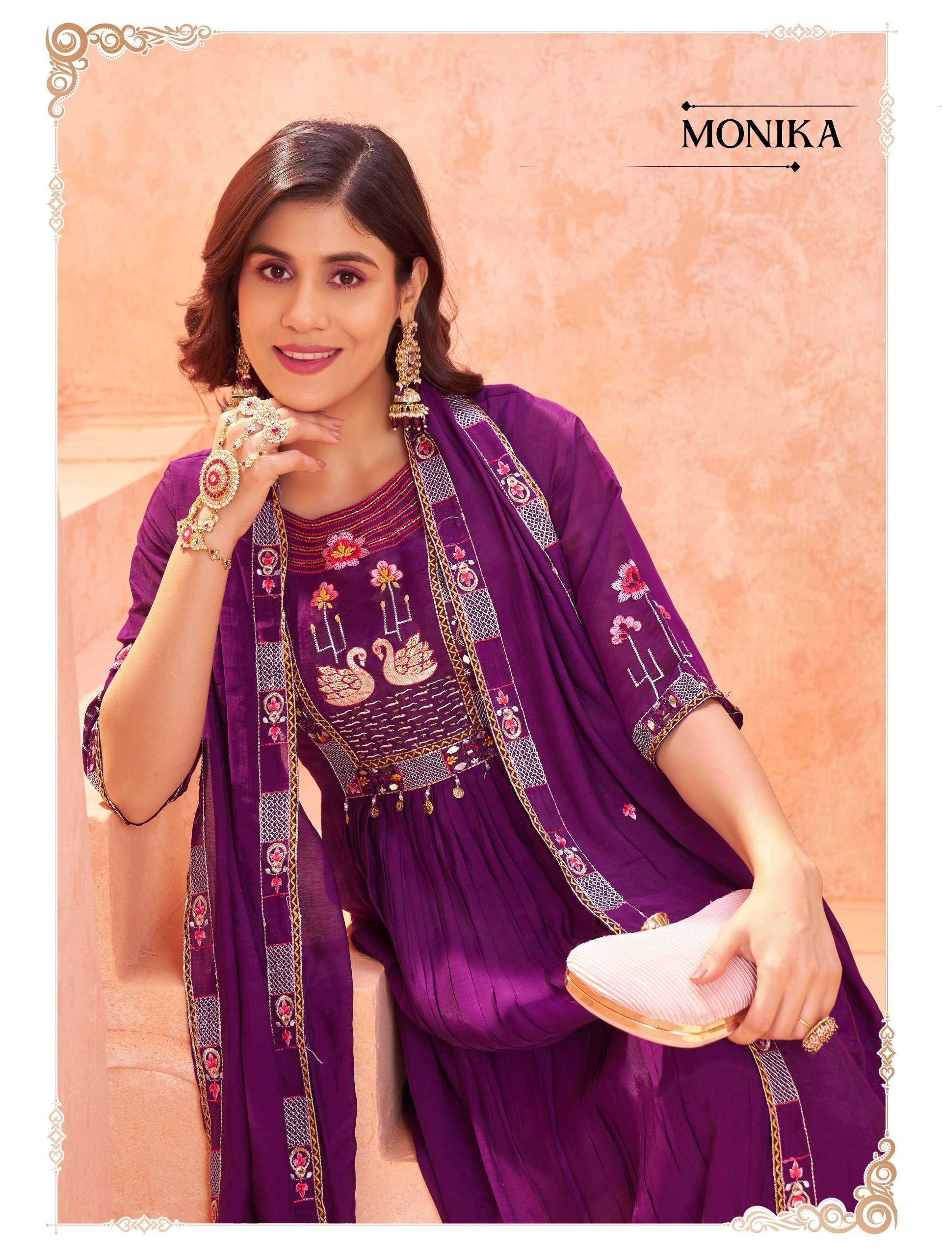 MONIKA INDIAN NEW OUTFIT SILK FABRIC DESIGNER STITCHED UMBRE...