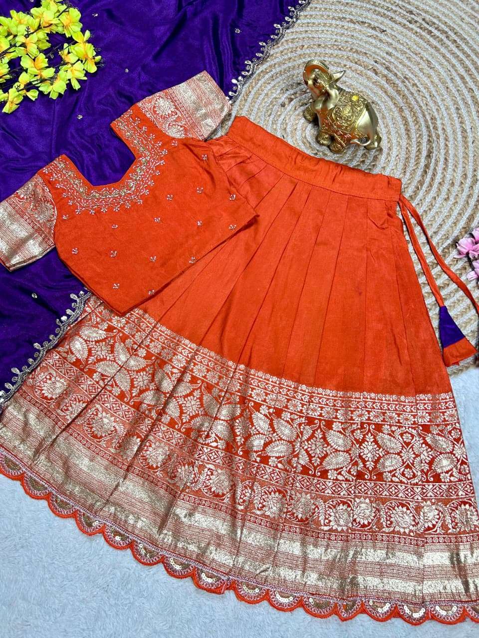 Orange Shades Silk Fabric Weaving Design Fancy Look Kids Leh...