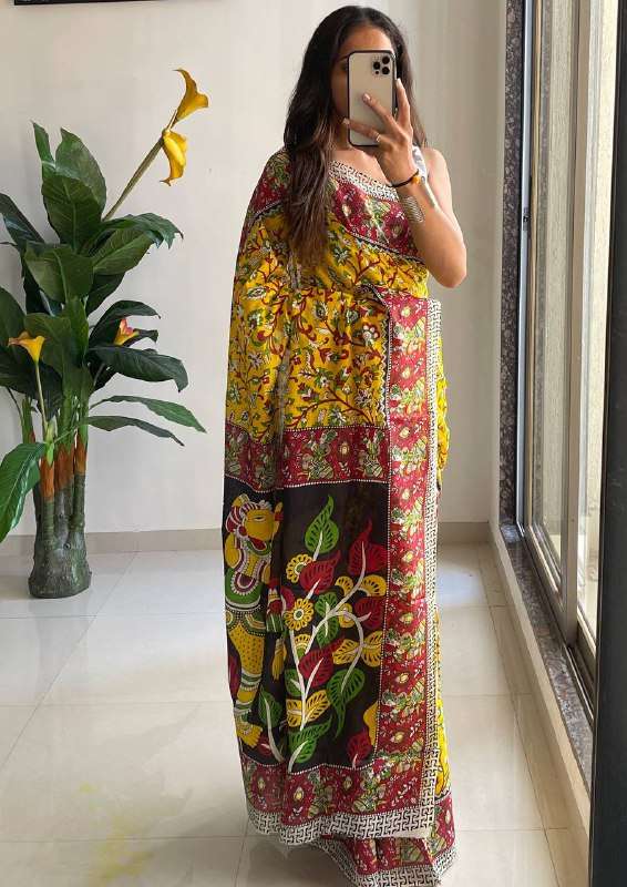 SELFI 17 RED YELLOW DESIGN KALMKARI COTTON SAREE FOR GANESH ...