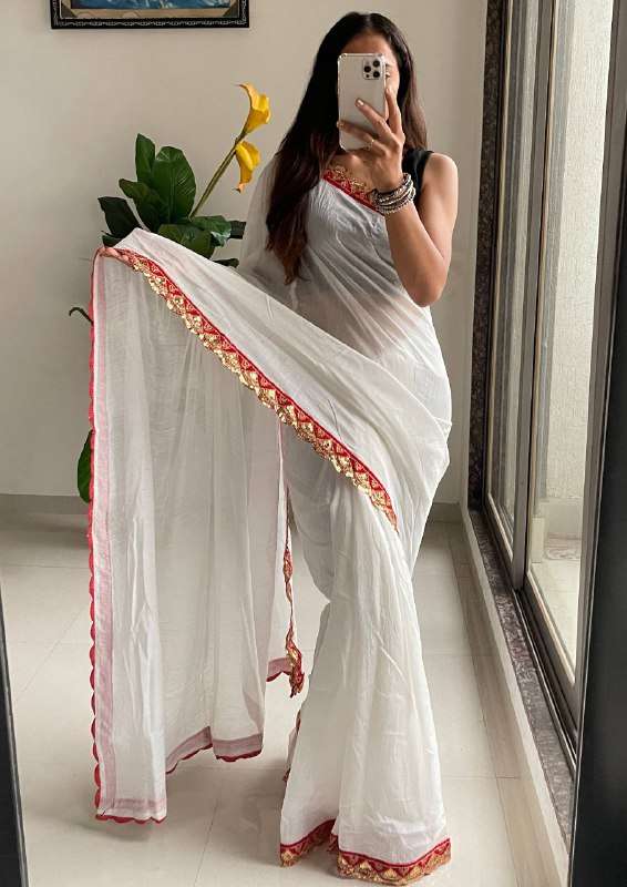 SELFI 31 PREMIUM MASLIN SILK WHITE SAREE POOJA SPECIAL HIT C...