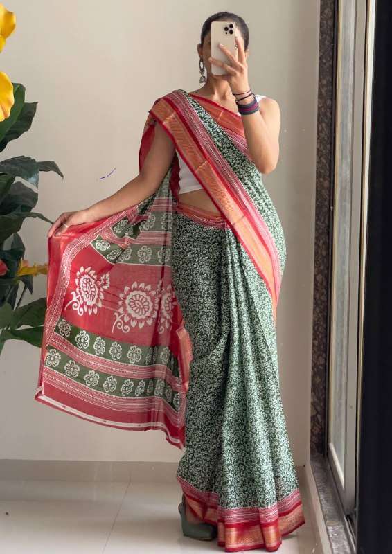 SELFI 8 INDIAN WOMEN AJRAKH PRINT MULMUL SAREE COLLECTION DE...