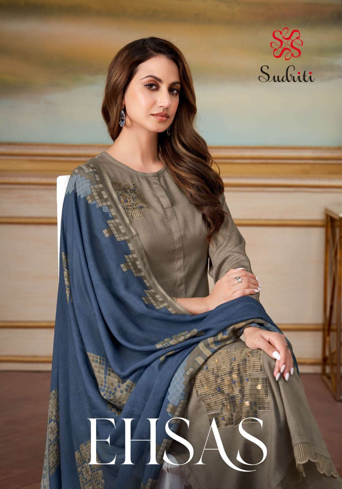SUDRITI EHSAS COSMOS SATIN DYED TOP WITH SILK JARI PRINTED S...