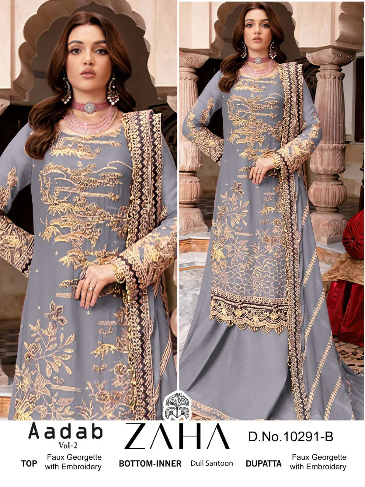 ZAHA AADAB VOL 2 10291 GEORGETTE EMBROIDERY WORK PAKISTANI S...