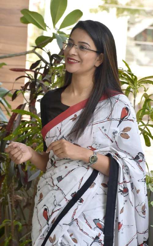 100 SPARROW PURE COTTON JAIPUR BLOCK PRINT WHITE SAREE WITH ...