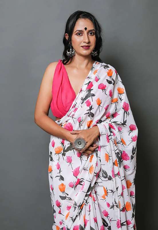106 GULABOO LUXURY BAGRU FLOWER PRINT SAREES WITH PINK PLAIN...