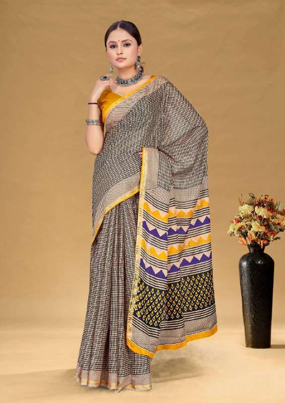 73 SUDHA ZARI BODAR BAGRU BLOCK PRINT MUSLIN COTTON SAREE WI...