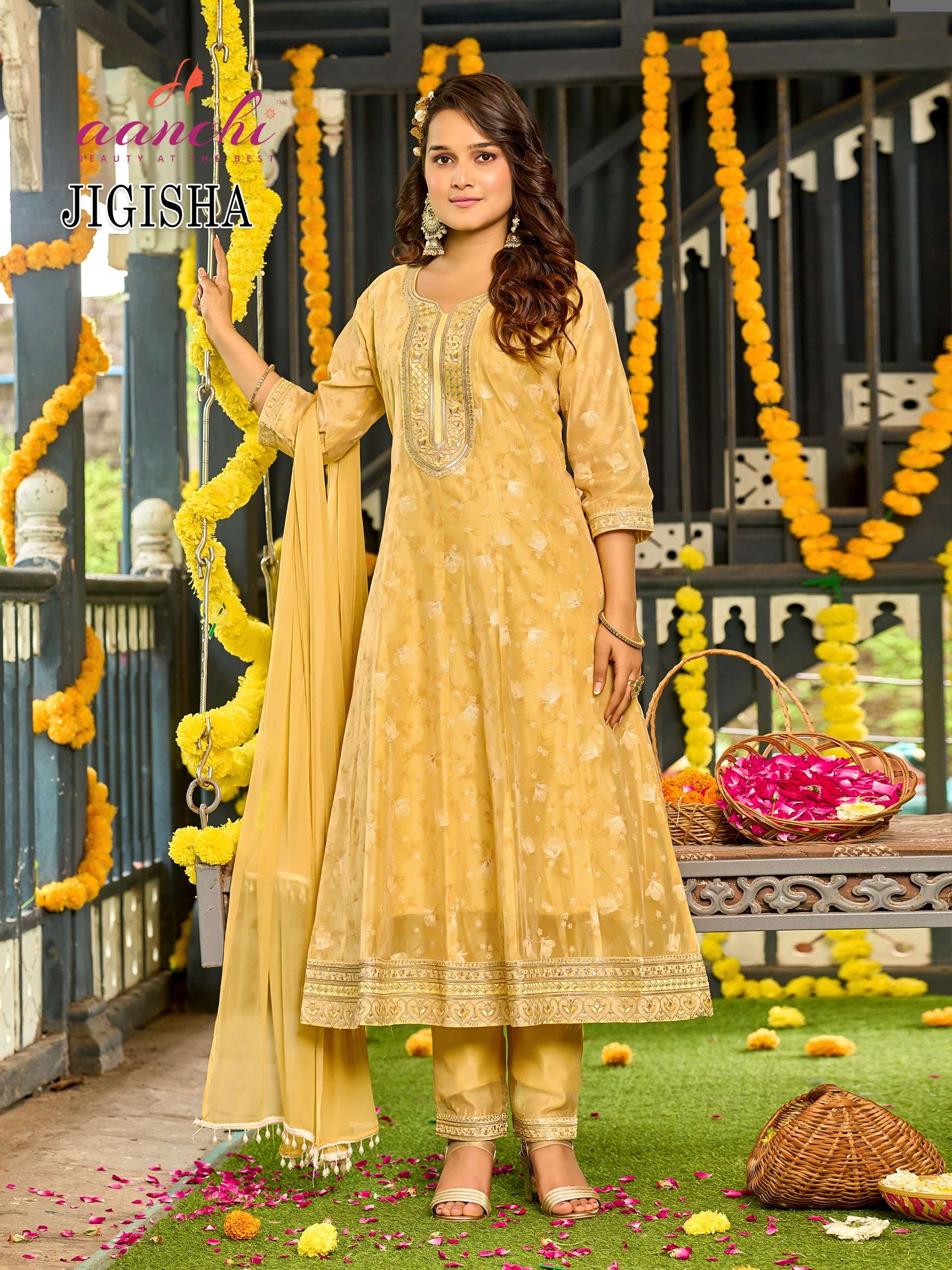 AANCHI JIGISHA MODAL SILK BUTTI DESIGN ANARKALI STYLE SUIT T...