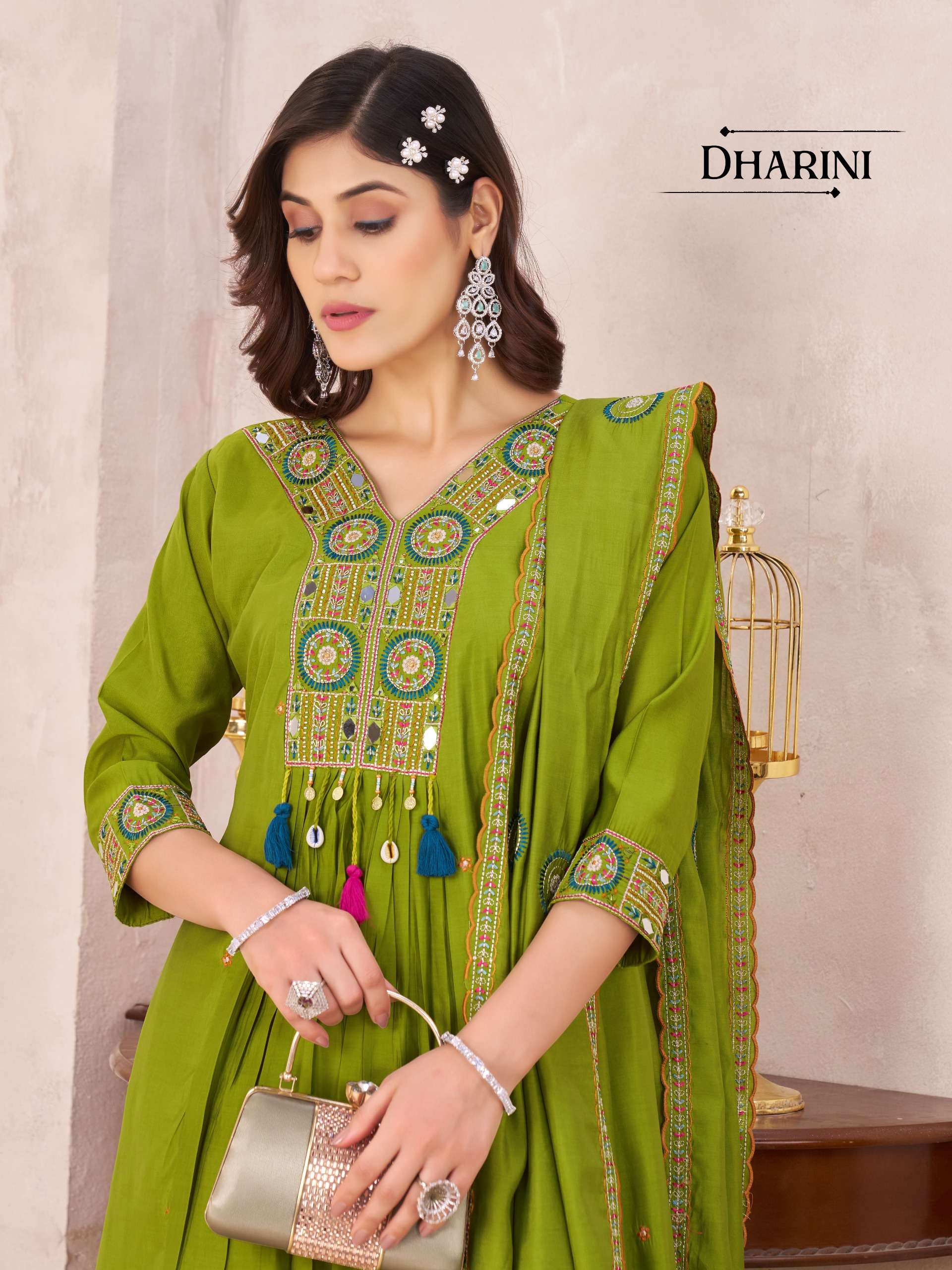 DHARINI WEDDING DESIGNER SILK FABRIC KURTI PALAZZO SUIT AT W...