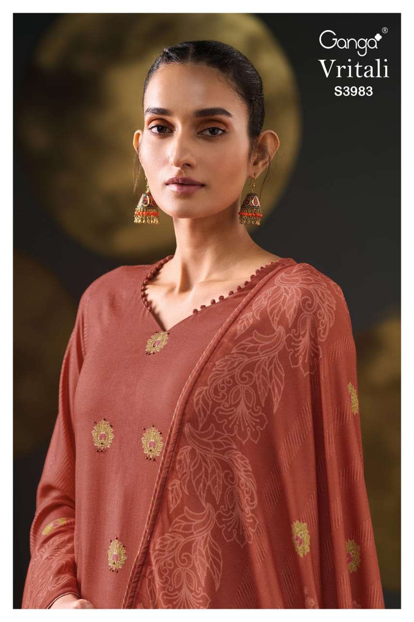GANGA VRITALI 3983 TREND PASHMINA HANDWORK CROCHET LACE ON D...
