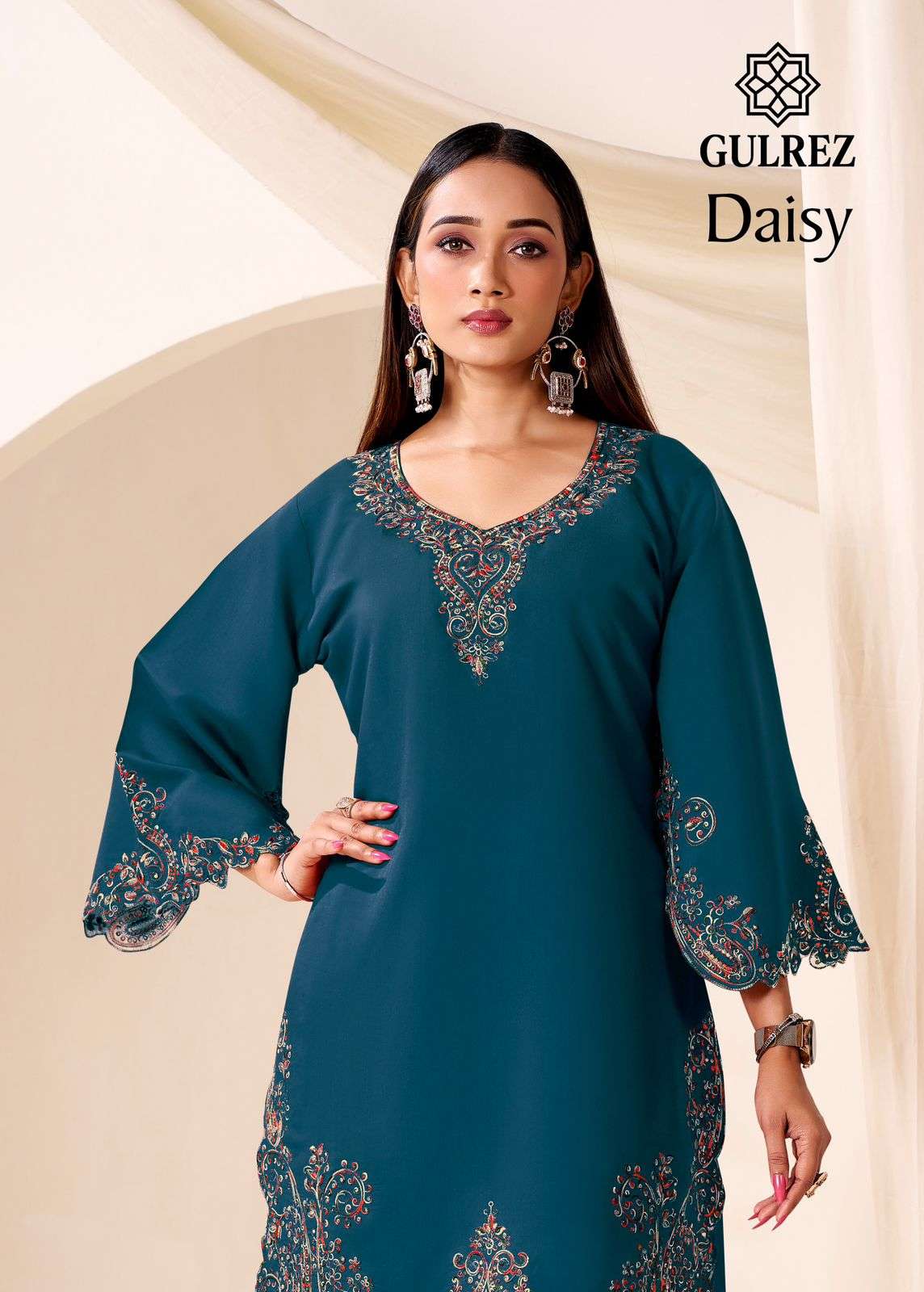 GULREZ DAISY ROMAN SILK WITH EXCLUSIVE KASHMIRI WORK KURTI P...