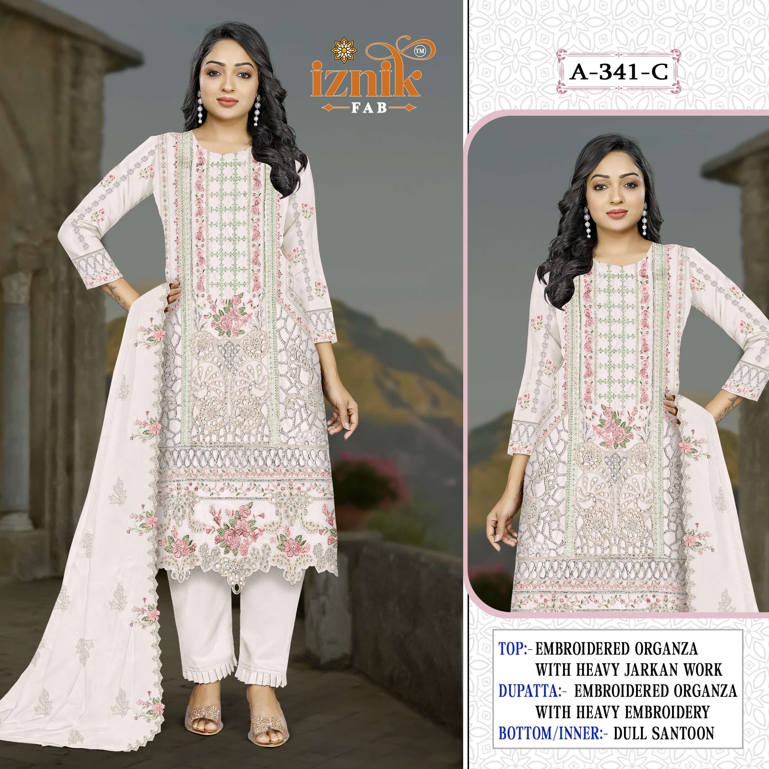 IZNIK FAB 341 ORGANZA FABRIC HEAVY EMBROIDERY CUTWORK PAKIST...