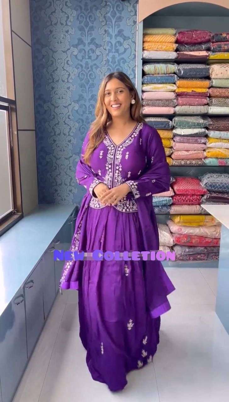 Pc 471 Purple shade Chinon Fabric embroidery work readymade ...