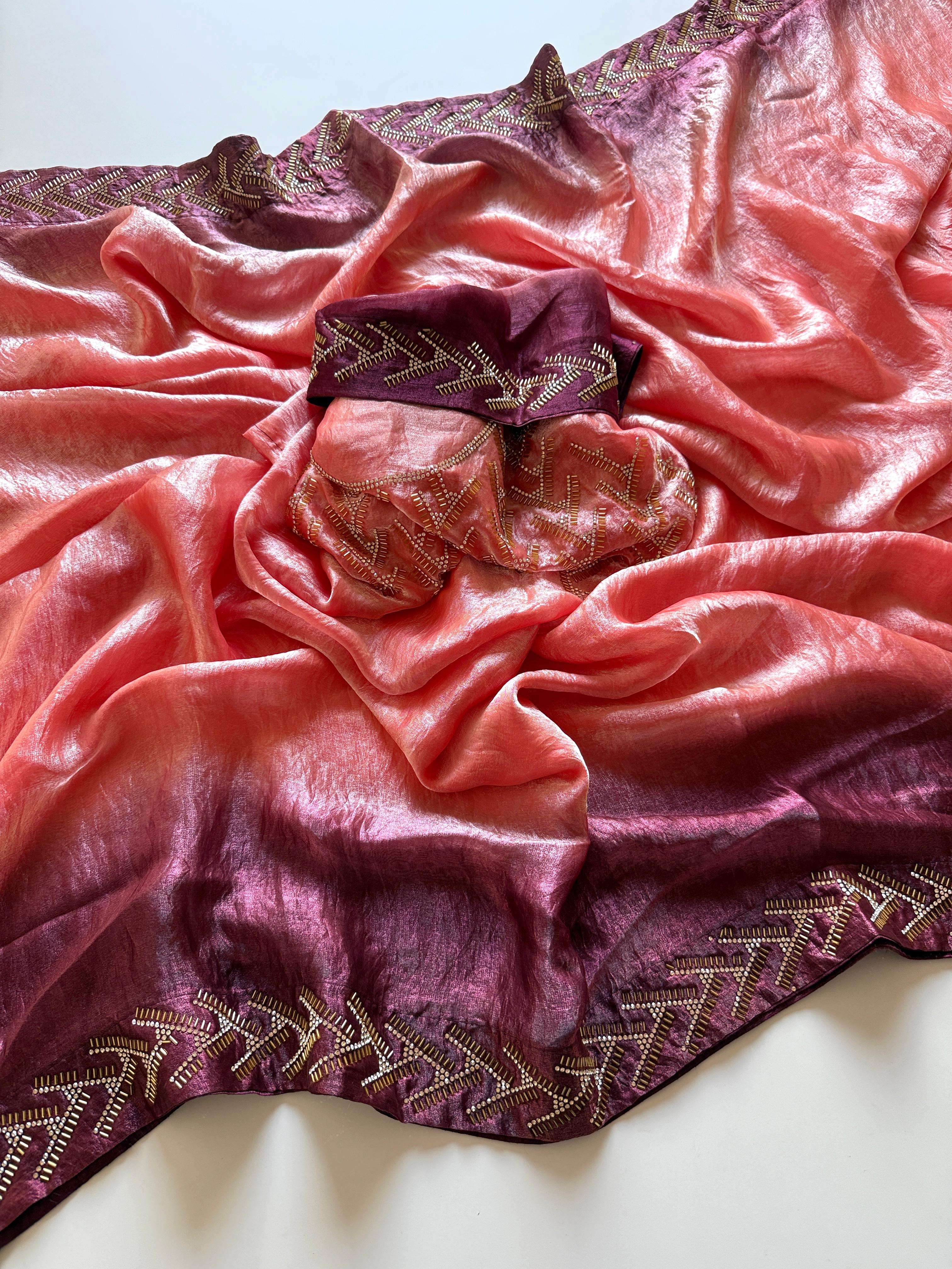 Satin Silk Fabric With Zarkhan Vall Work Border Fancy look S...