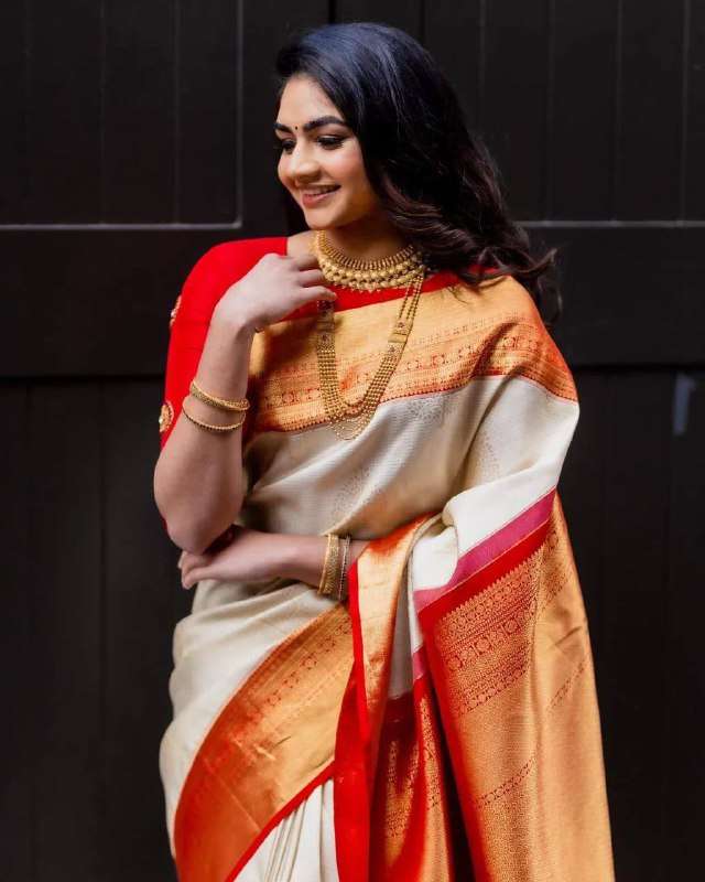 TREND STYLE SAREE RICH PALLU CREAM & RED JACQUARD PRINT SARE...