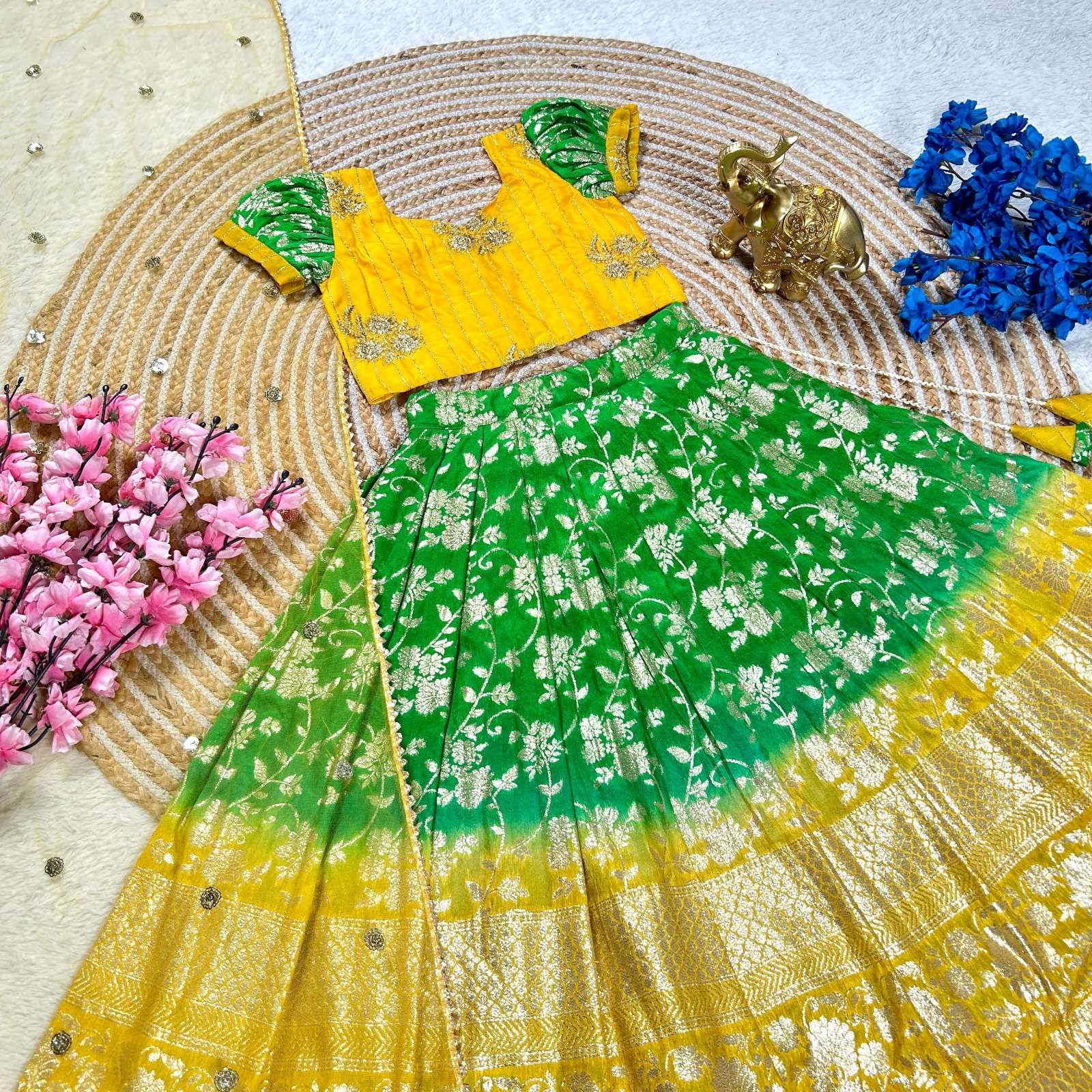 Yellow Green Shades Organza Fabric Beautiful Look Little Pri...