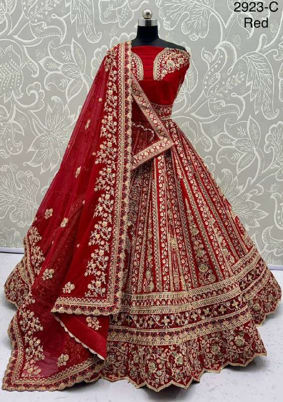2923 WEDDING SEASON HEAVY WORK RED BRIDAL LEHENGA CHOLI WITH...