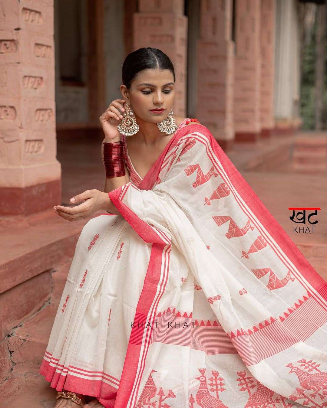 DURGA POOJA LOOK SOFT COTTON WHITE RED PRINT SAREE WEAR DEAL...