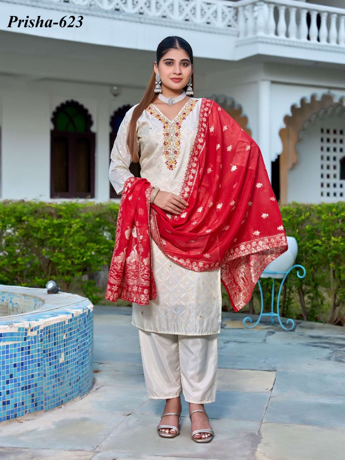 K 452 FESTIVAL NEW STYLE GEORGETTE WHITE SUIT BANARASI DUPAT...