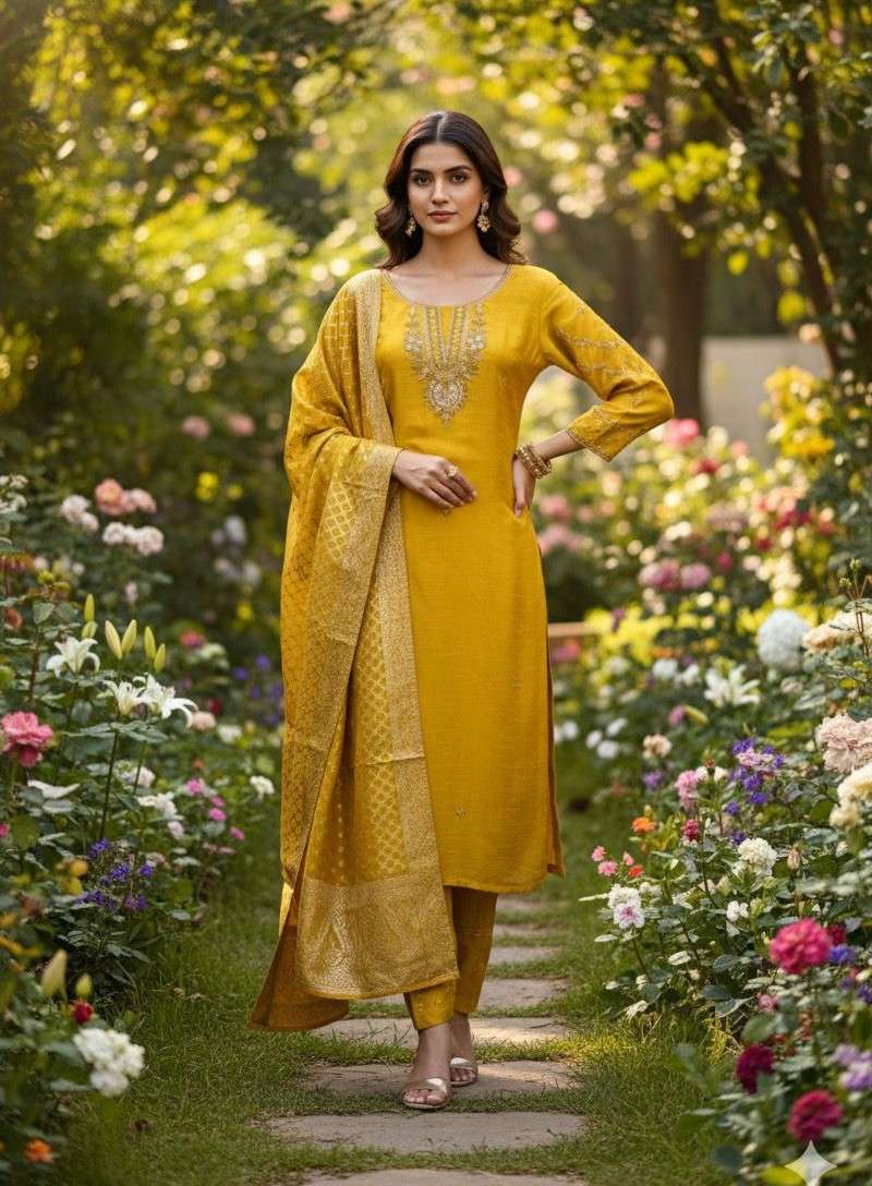 K 455 DOLA SILK FABRIC DESIGNER HALDI FUNCTION YELLOW SUIT D...