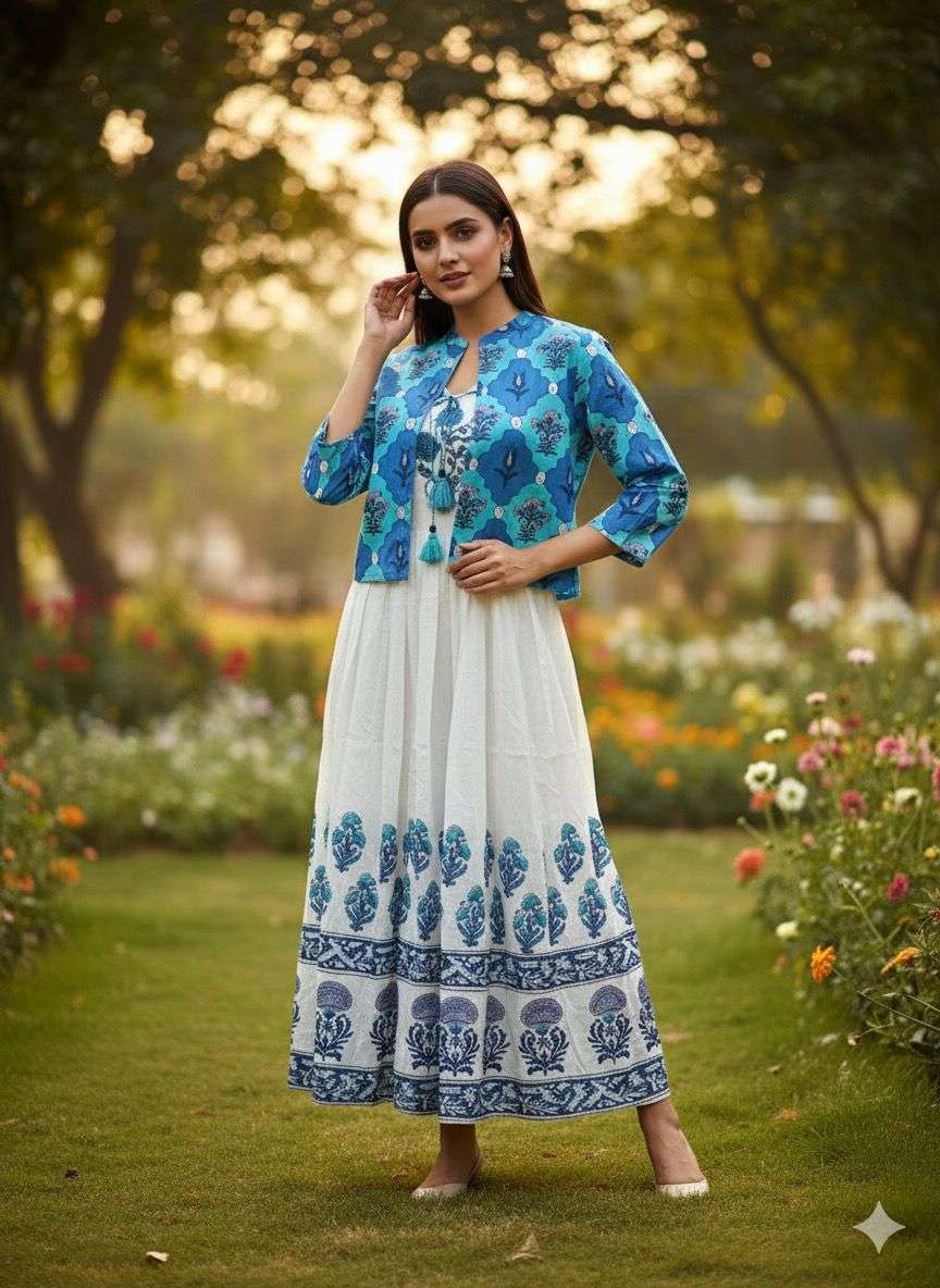 K 472 BLOCK PRINT MULMUL WHITE DRESS WITH JACKET CLASSIC WEA...