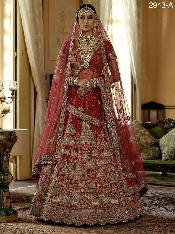 2943 NEW PATTERN EMBROIDERY WORK DOUBLE DUPATTA BRIDAL LEHEN...