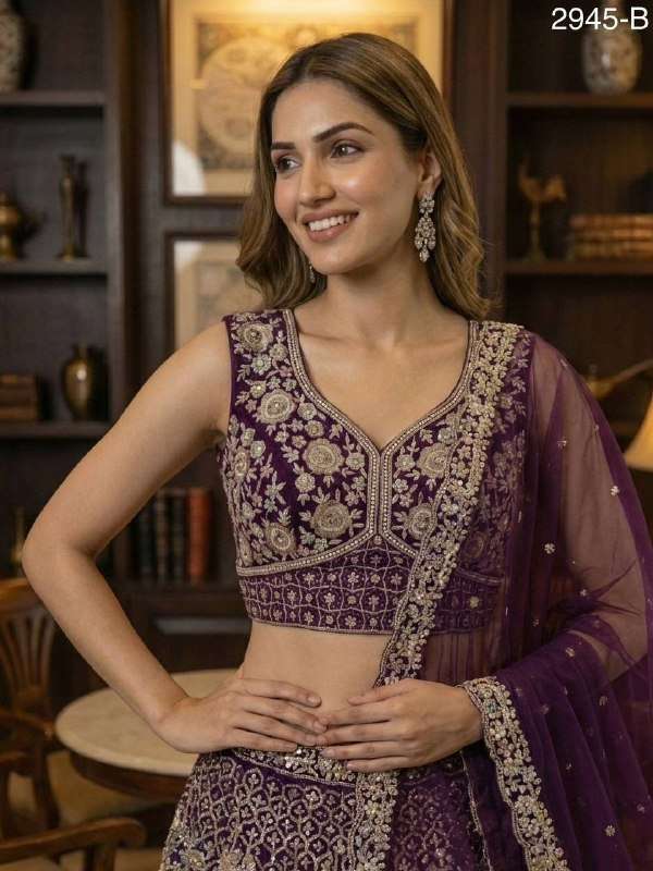 2945 NET CRAFTED HEAVY EMBROIDERY WORK PARTY WEAR LEHENGA CH...