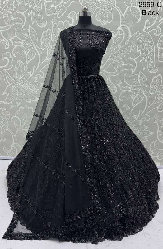2959 B RECEPTION WEAR NET FABRIC MOTI WORK LEHENGA CHOLI SUP...