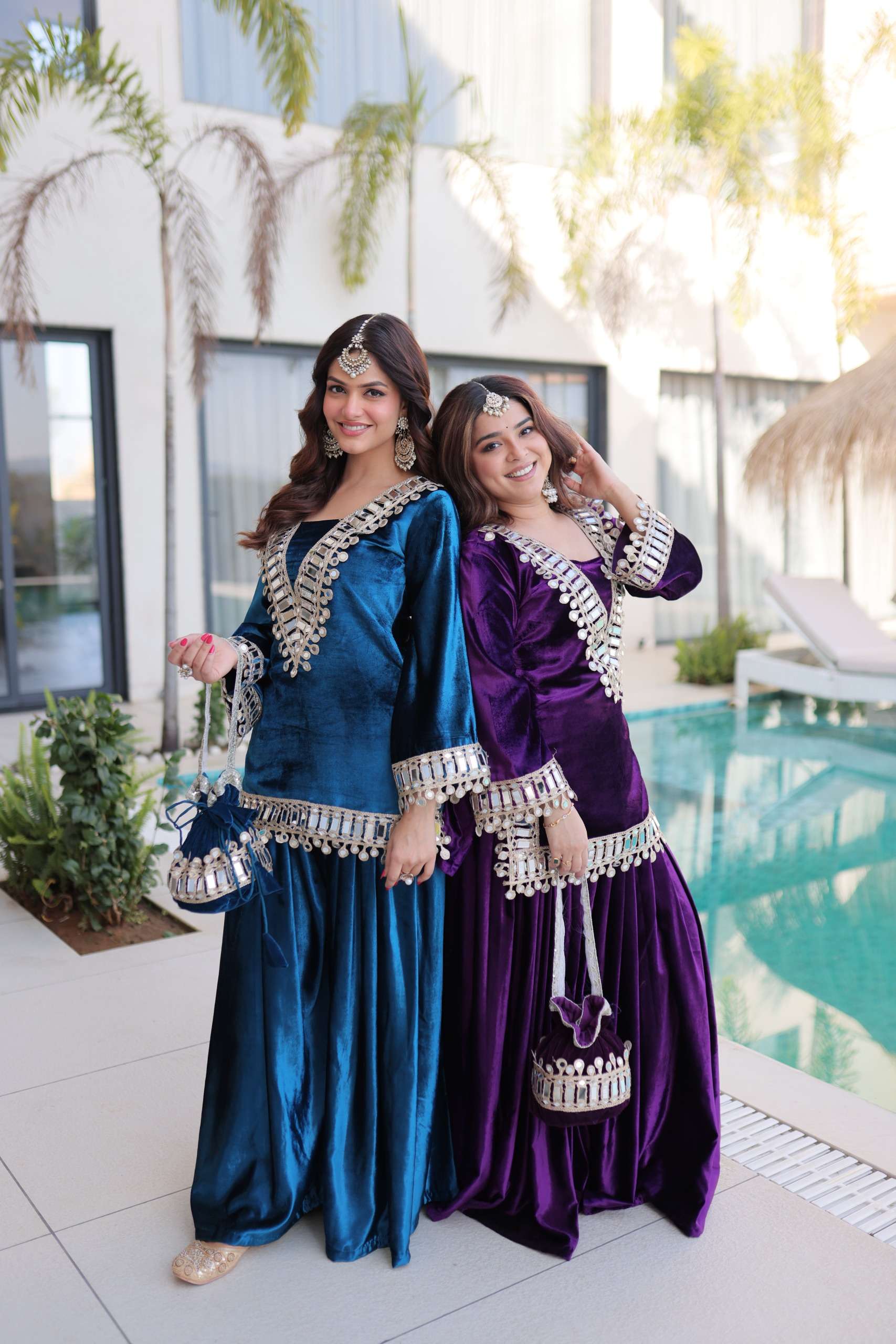 9307 HIGH BRAND STITCHED VELVET RICH WORK TOP PALAZZO WITH B...