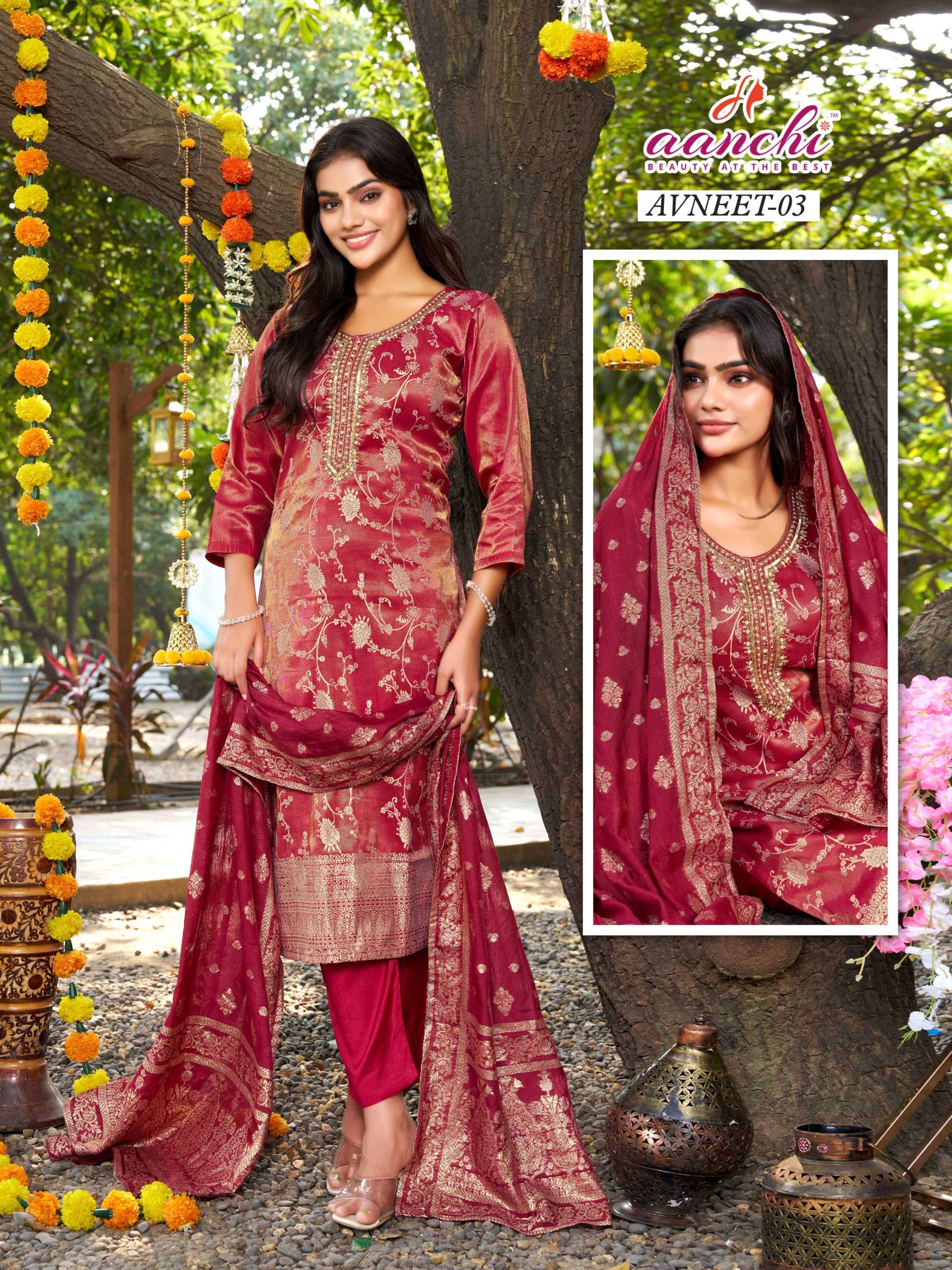 AANCHI AVNEET 1 TO 5 WEDDING TYPE JACQUARD GOLDEN PRINT SALW...