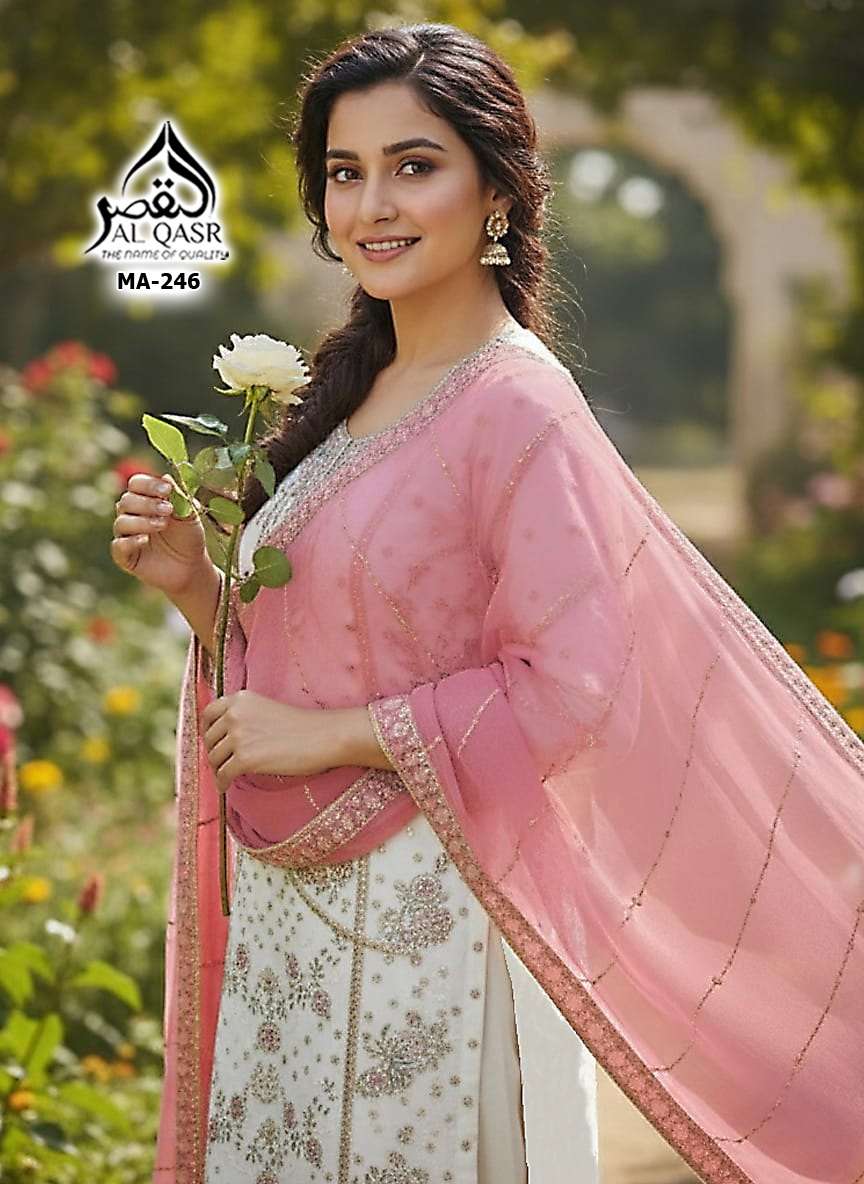 AL QASR 246 READYMADE GEORGETTE FABRIC WHITE SUIT MULTI EMBR...