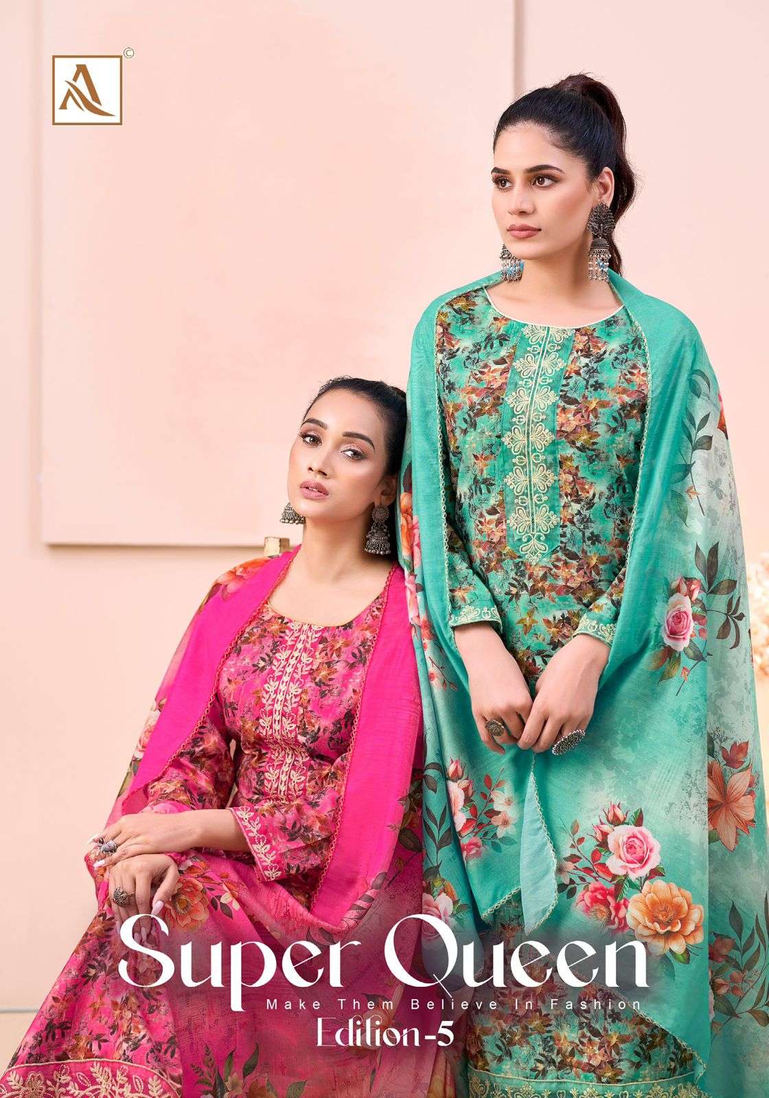 ALOK SUIT SUPER QUEEN VOL 5 RAYON PRINT NECK & DAMAN 3 PIECE...