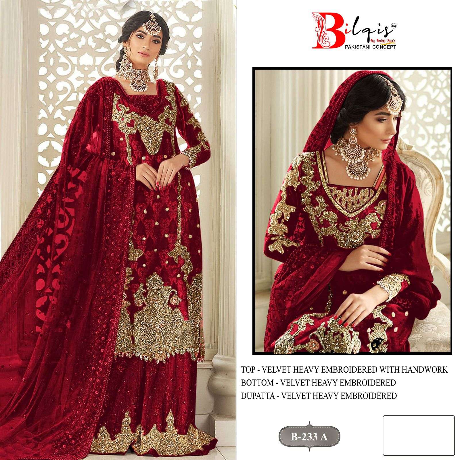 BILQIS B 233 VELVET HEAVY EMBROIDERED SHARARA SUIT AT SHADI ...