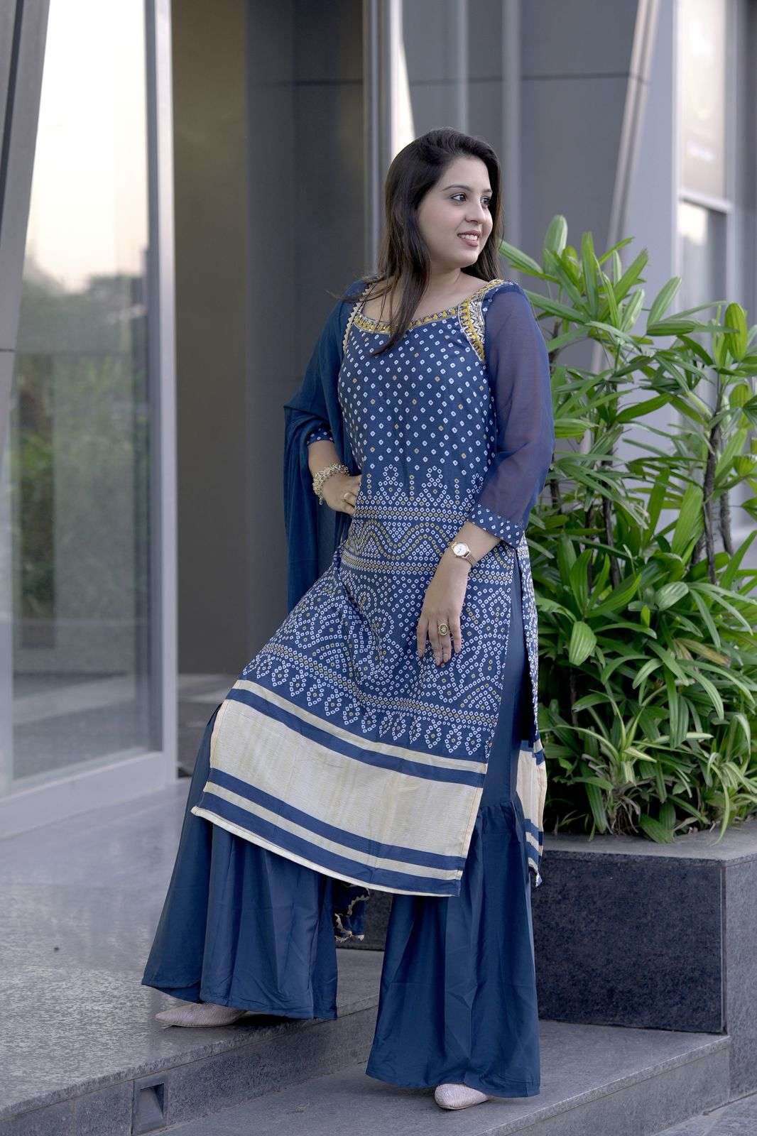 BOUTIQUE COTTON THREAD EMBROIDERY BLUE KURTI SHARARA DUPATTA...