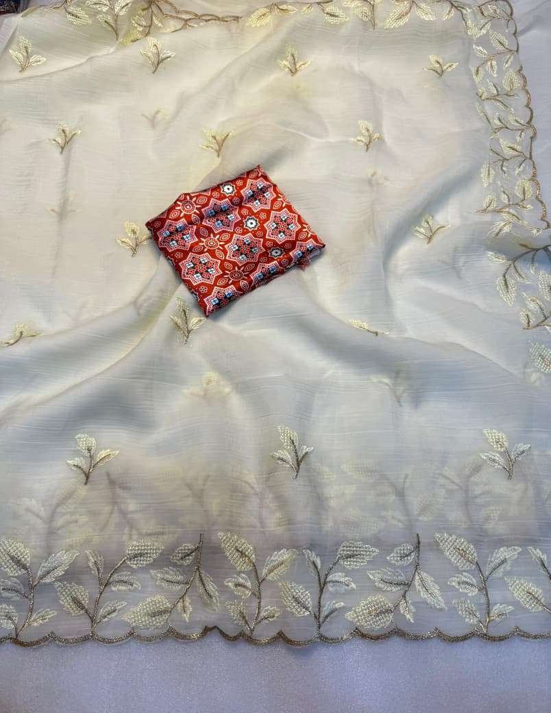 Crunchy Soft Silk All Over EMbroidery Work Off White Saree W...