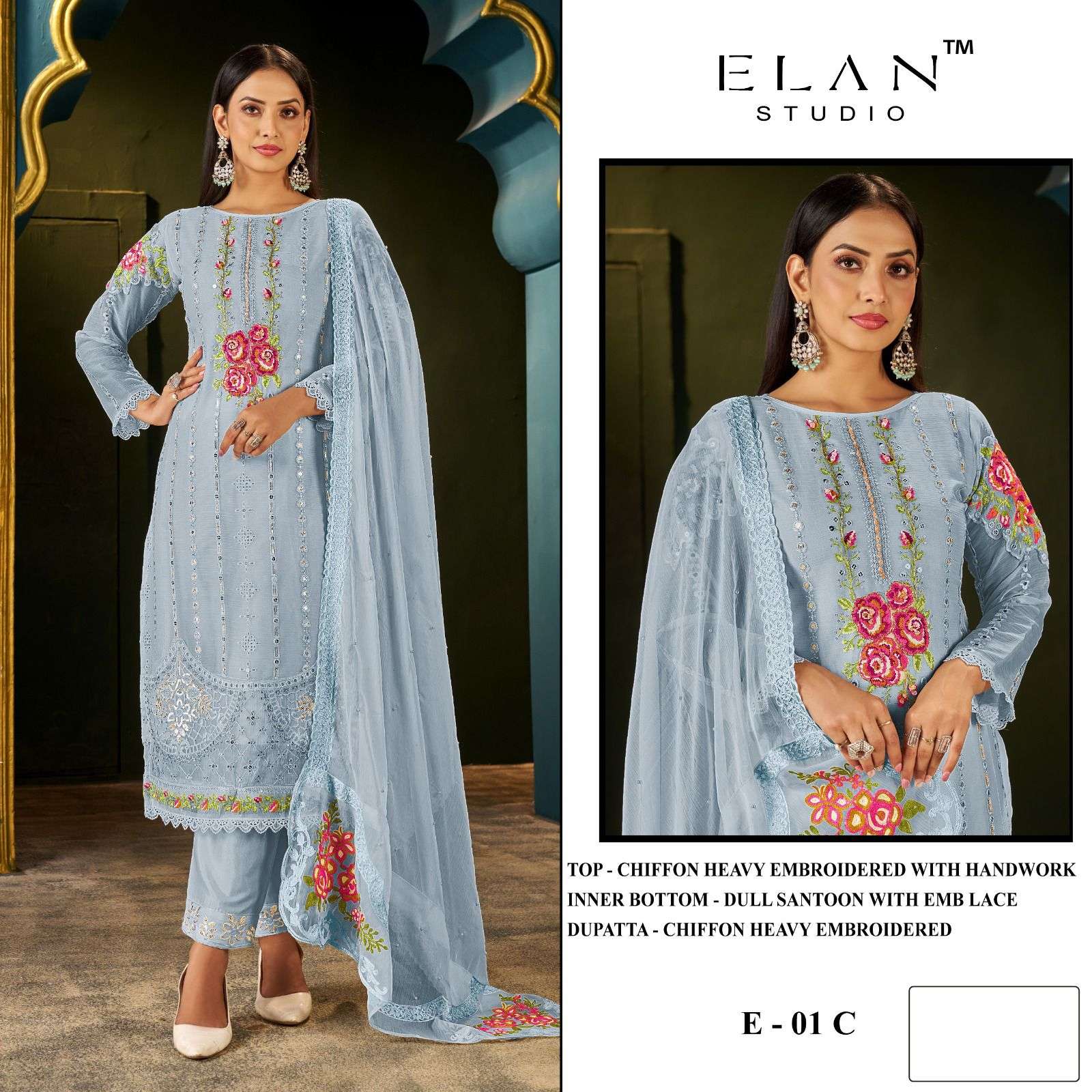 ELAN LAWN STUDIO E 01 CHIFFON HEAVY EMBROIDERY LADIES SUIT T...