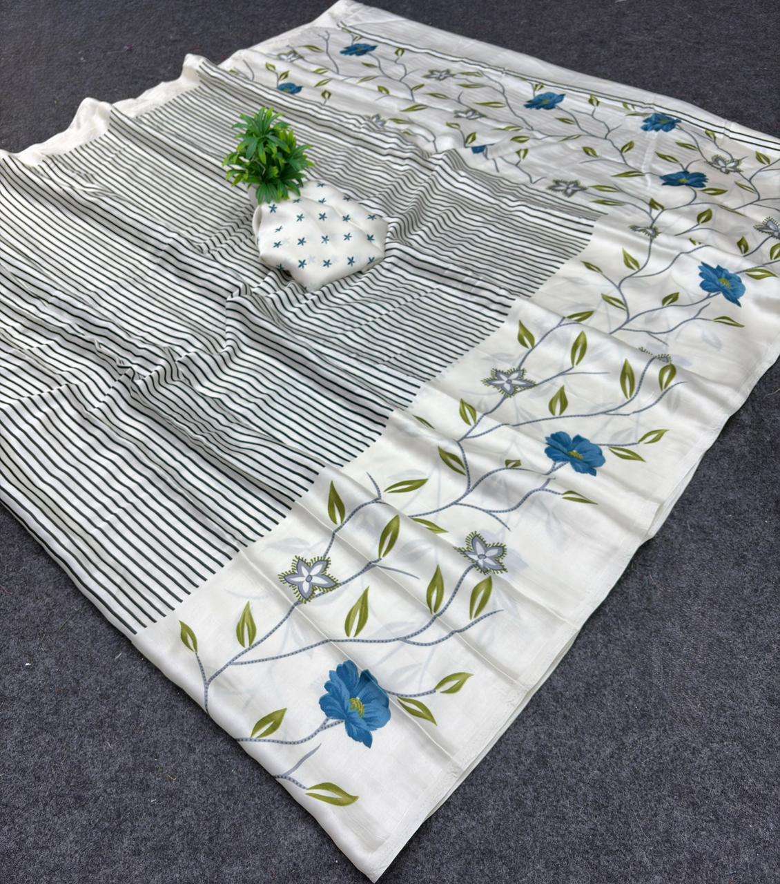 Gaji Silk fabric digital printed black &white Shade Fancy sa...