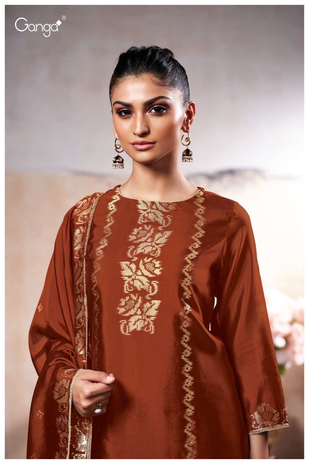 GANGA ABIGAIL 3661 SILK JACOUARD JARI LACE BORDER ORANGE SUI...