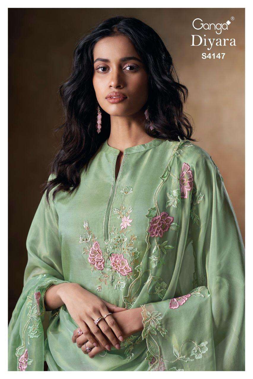 GANGA DIYARA 4147 SILK FABRIC JARI LACE ON DAMAN & SLEEVES 3...