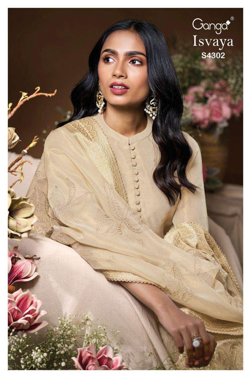 GANGA ISVAYA 4302 BEMBERG SILK JACQUARD GOLD PRINT SALWAR SU...