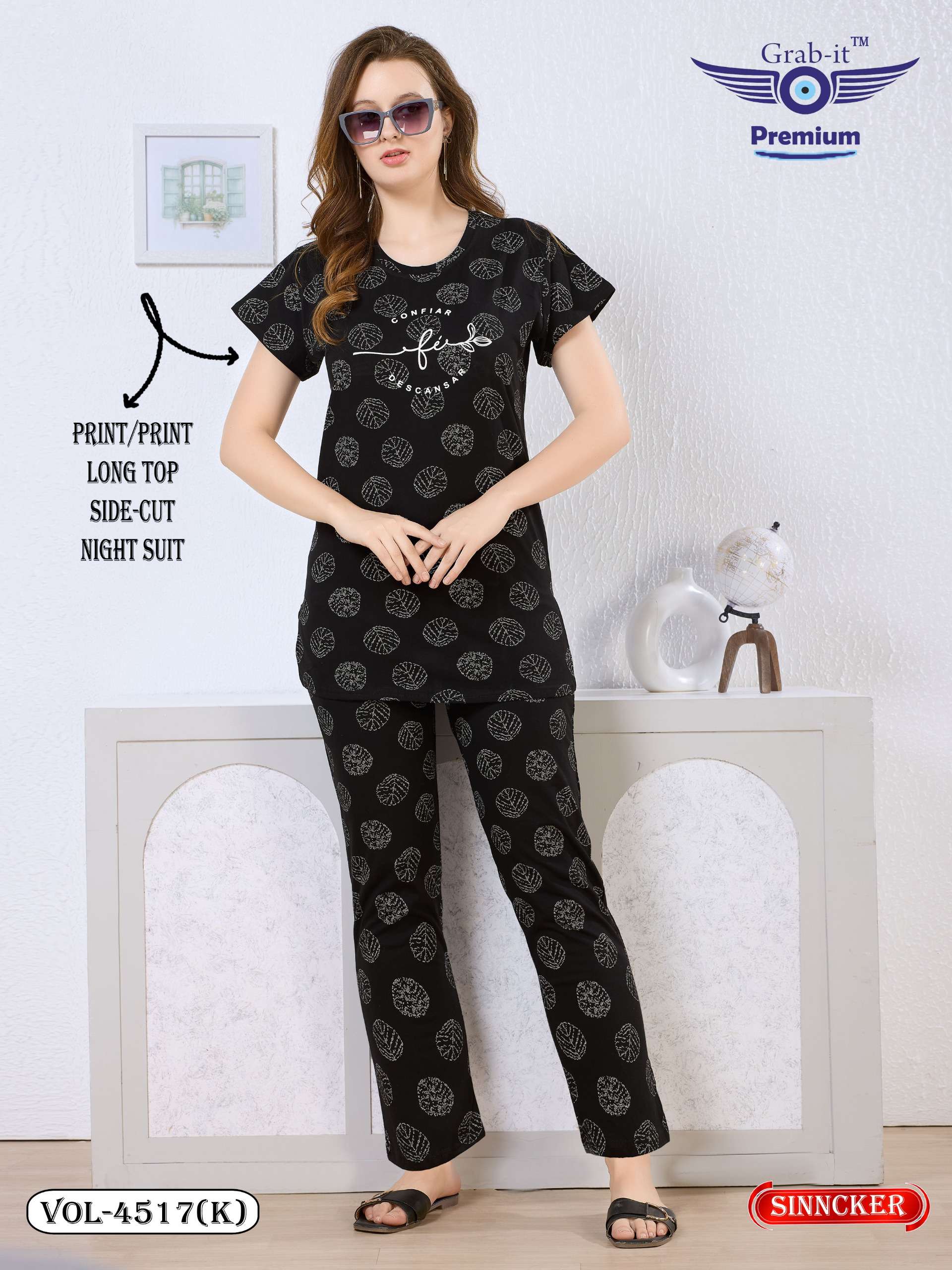GRAB IT PREMIUM VOL 4517 PRINT LONG TOP NIGHT SUIT WITH SIDE...