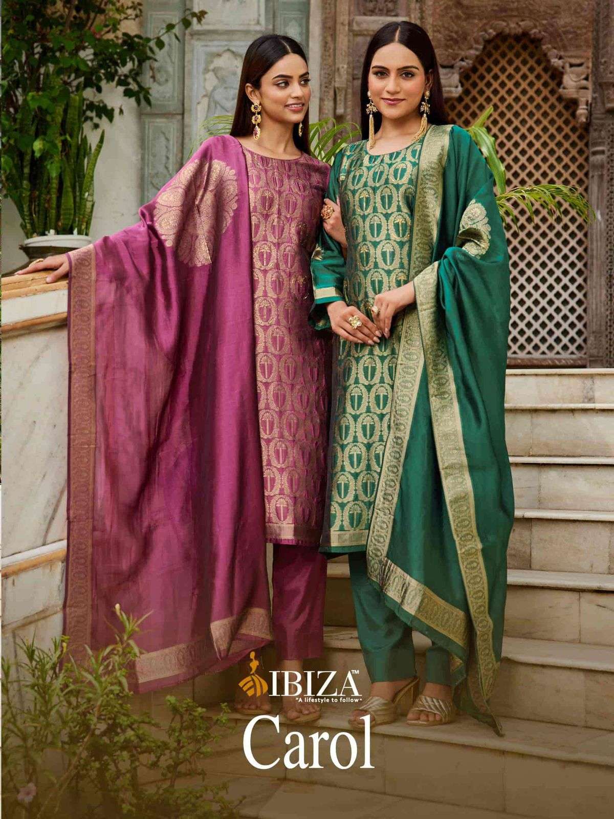 IBIZA CAROL BANGLORY SILK JACQUARD GOLD PRINT SALWAR SUIT FE...
