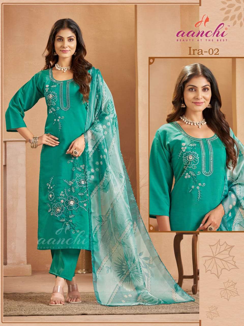 IRA 01 02 READYMADE SHIMMER FLORAL WORK SUIT COMBO WHOLESALE