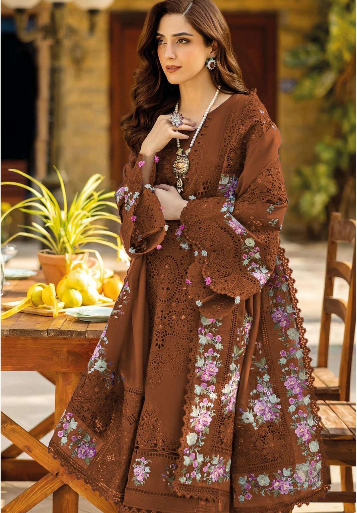 JOHRA TEX JT 183 CAMBRIC COTTON EMBROIDERY WORK COFFEE COLOR...