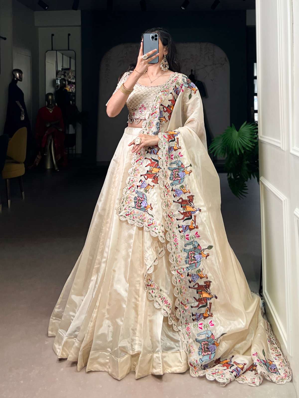 LNB 1452 Off White Shades Embroidery Work Dupatta With Lehen...