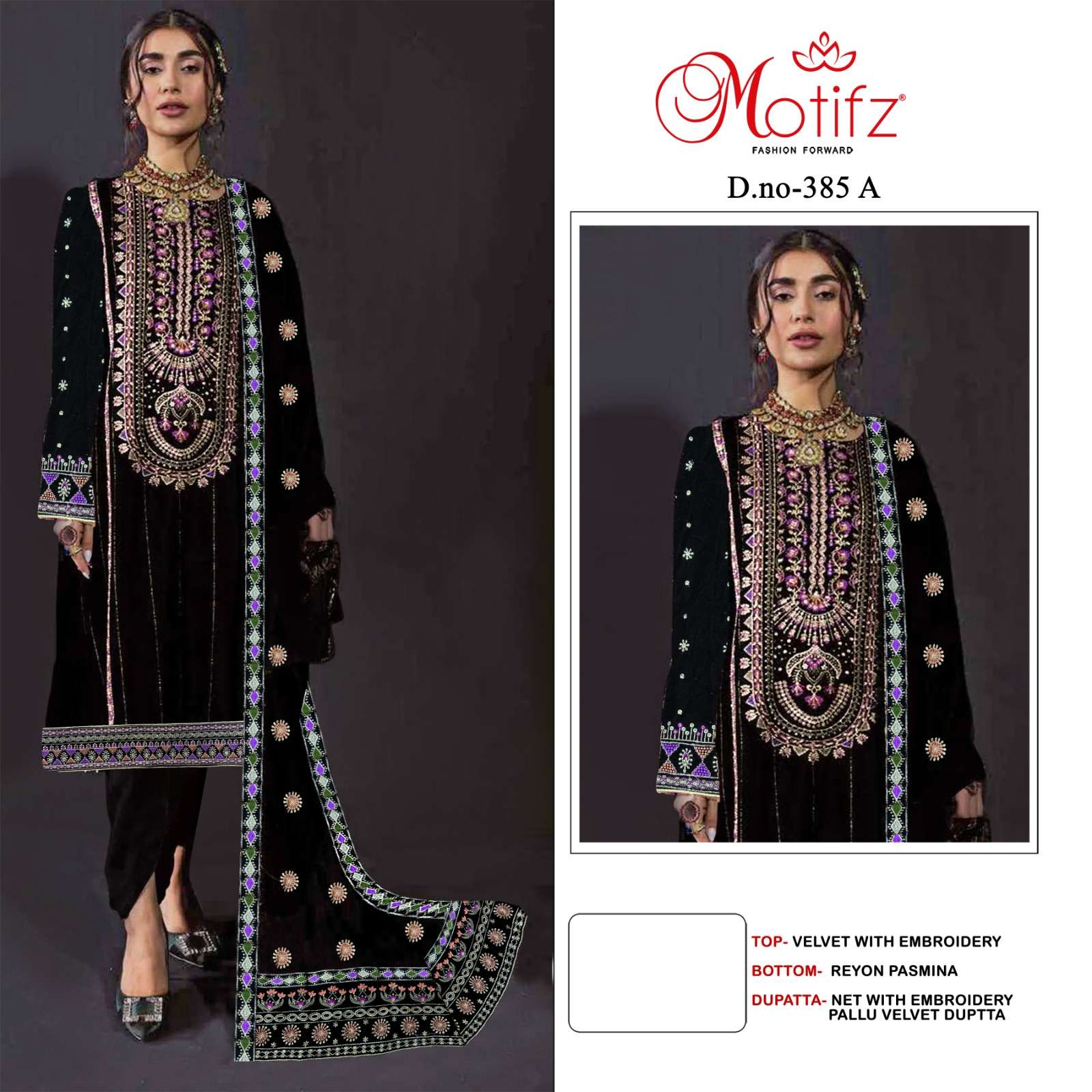 MOTIFZ 385 WINTER SHADI & FESTIVA VELEVT HEAVY WORK BLACK SU...