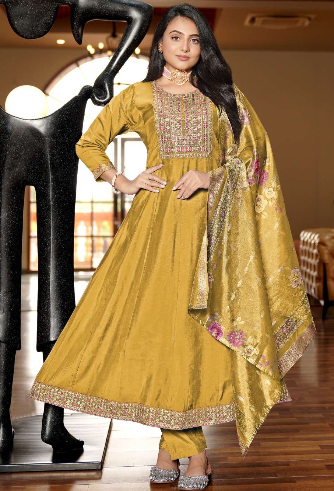 NEW FABRIC SILK WITH FANCY EMBROIDERY ANARKALI TYPE SUIT FES...