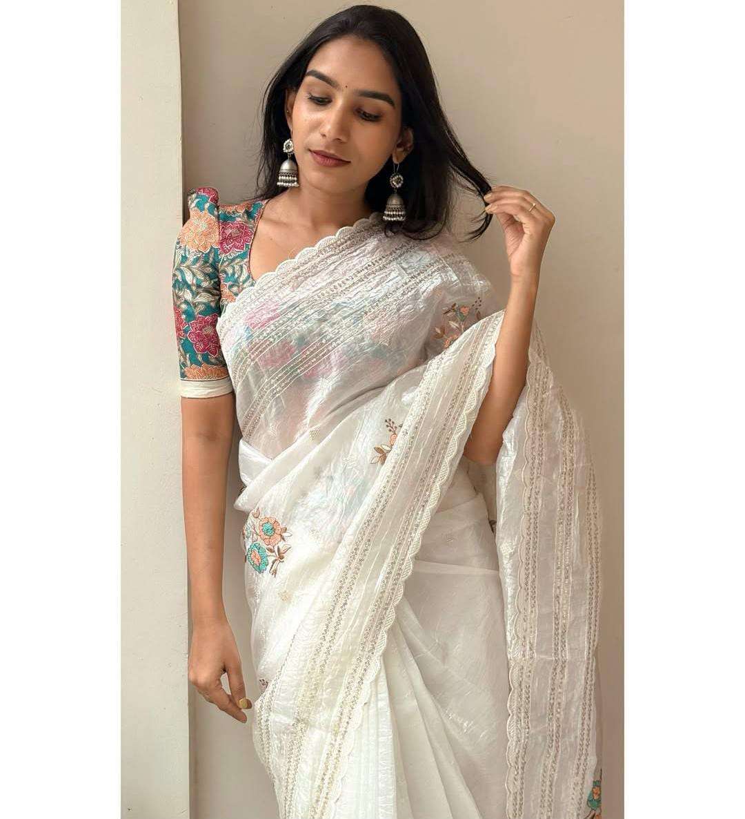 organza fabric fancy embroidery work saree best collection