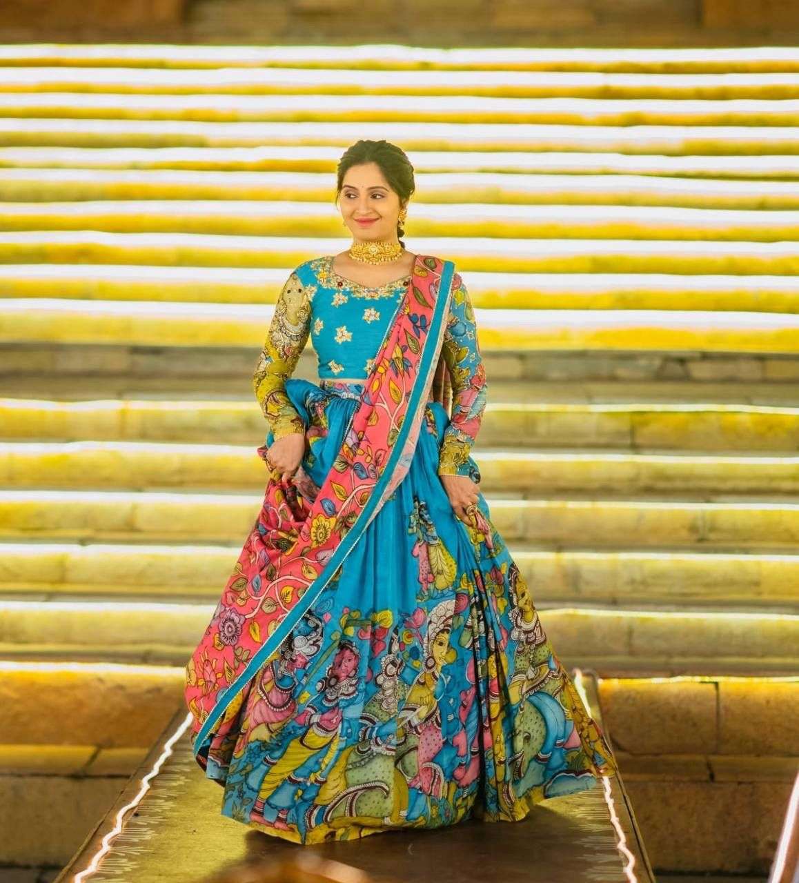 Pc 550 cotton fabric kalamkari printed Fancy lehenga choli b...