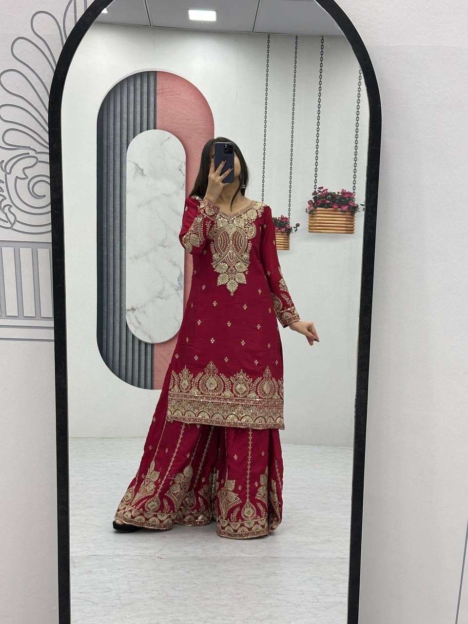 PF 037 Chinon Silk embroidery work heavy look readymade suit...